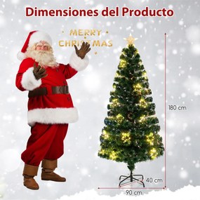 Árvore de Natal de fibra ótica artificial de 180 cm pré-iluminada com luzes de corda ajustáveis em base metálica colorida Verde