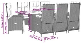 9 pcs conjunto de jantar p/ jardim c/ almofadões vime PE preto