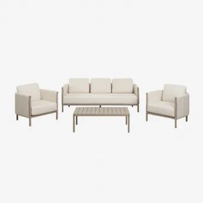 Conjunto De Jardim Com Sofá De 3 Lugares, 2 Poltronas Em Bouclé E Mesa De Centro Em Alumínio Boleni Bouclé Branco Gardénia - Sklum