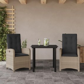 vidaXL 3 pcs conjunto de jantar p/ jardim c/ almofadões cinzento claro