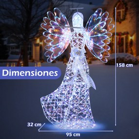 Anjo de Natal LED 158 cm com auréola e flauta pré-iluminado com 250 luzes para interior e exterior com laços branco quente
