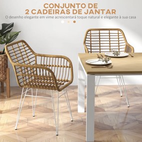 Conjunto de 2 Cadeiras de Sala de Jantar de Vime PE com Pés de Aço para Sala de Jantar Estilo Boémio 56x60x79 cm Castanho