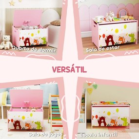 Baú de Brinquedos com Tampa Rebatível Fecho Suave Alças e Estampados de Animais 60x37x39 cm Rosa