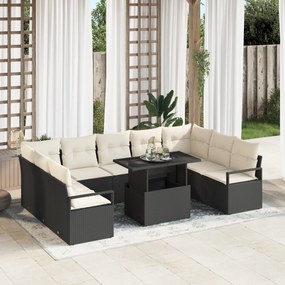 vidaXL Conjunto de Sofás de Jardim com Almofadas de 10 Peças Poliratan Preto