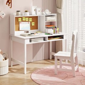 Conjunto de secretária e cadeira infantil em madeira com prateleira de cortiça, estação de computador para quarto, escola, branco