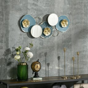 HOMCOM Decoração de Parede de Metal Espelho de Folhas de Flores 3D Arte de Parede Suspensa para Sala de Estar Dormitório Escritório 65x29cm Multicor