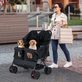 Carrinho duplo dobrável para animais de estimação com 2 assentos, guarda-sol ajustável e cesto de armazenamento para passeios, Preto