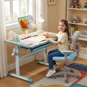 Conjunto 2 em 1 de secretária e cadeira para crianças Secretária ajustável em altura e ângulo com cadeira ergonómica giratória Azul