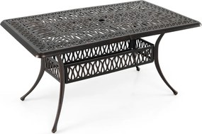 Mesa de jardim de exterior retangular 151 x 91 x 73 cm em alumínio fundido com orifício para guarda-sol de 5 cm, estilo vintage