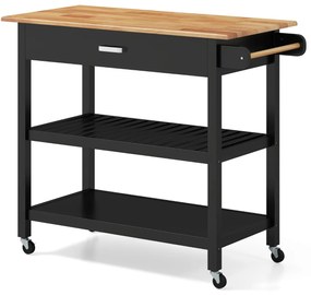 Carrinho de cozinha 106 cm x 50 cm x 89 cm com bancada de madeira, gaveta, 2 prateleiras abertas, barra para pendurar e rodas com travão, natural e pr