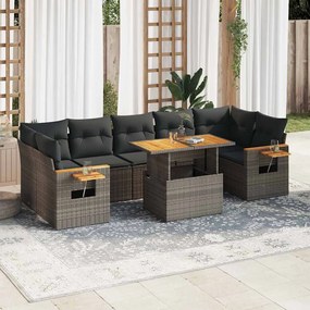 8 pcs conjunto sofás jardim almofadões vime PE/acácia cinzento