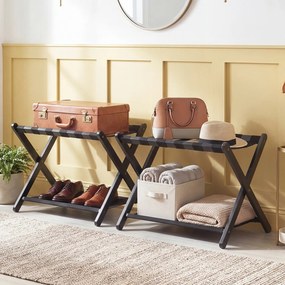Conjunto de 2 porta-bagagens dobráveis de 2 níveis 67 x 46 x 52 cm, em madeira de borracha, com estantes de nylon e Estrutura em X, para quartos de ho