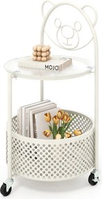 Mesa de centro de vidro móvel Mesa apoio ou cabeçeira de 2 níveis com padrão de urso Cesto de arrumação Estrutura metálica Mesa lateral moderna Branca