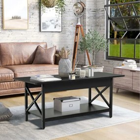 Mesa de centro retangular 110 x 60 x 48 cm industrial de 2 níveis com prateleira de armazenamento e estrutura metálica em forma de X Mesa preta