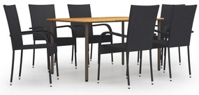 7 pcs conjunto de jantar para jardim vime PE preto