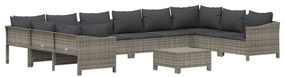 11 pcs conjunto lounge de jardim c/ almofadões vime PE cinzento
