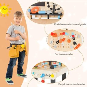 Bancada de ferramentas crianças 46 cm x 37 cm x 72 cm com conjunto de ferramentas Acessórios Quadro branco Estante suspensa multicolorida