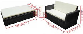 2 pcs conjunto lounge de jardim c/ almofadões vime PE preto