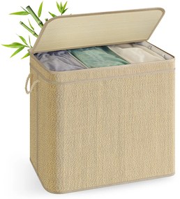 Cesto para roupa suja de 170 litros 67 x 44 x 61 cm em bambu com 3 compartimentos e tampa, cor natural