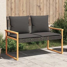 vidaXL Banco de jardim com almofadão madeira de acácia e vime PE preto