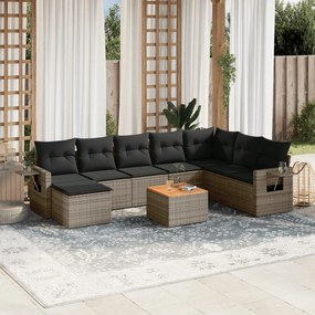 9 pcs conjunto sofás p/ jardim com almofadões vime PE cinzento