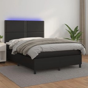 Cama box spring c/ colchão/LED 140x200cm couro artificial preto