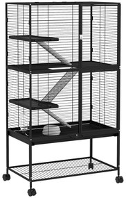 PawHut Gaiola para Animais Pequenos de 4 Níveis com Rodas Rampa Comedouro Bebedouro e Bandeja Removível 78x45,5x136 cm Preto | Aosom Portugal