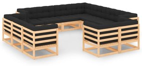 12 pcs conj. lounge jardim c/ almofadões antracite pinho maciço