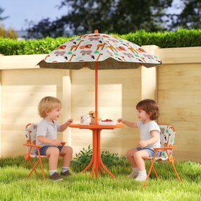 Conjunto de jardim infantil, mesa infantil com 2 cadeiras dobráveis e guarda-sol de Ø 100 cm, com motivos de animais, cor laranja