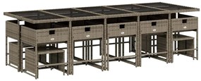 15 pcs conjunto jantar p/ jardim c/ almofadões vime PE cinzento