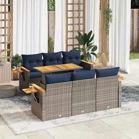 7 pcs conjunto sofás p/ jardim c/ almofadões vime PE cinzento