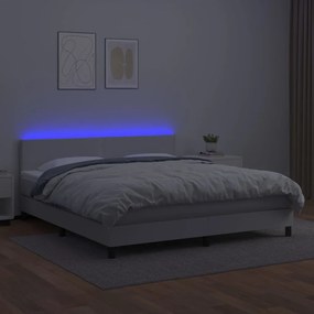 Cama box spring c/colchão/LED 160x200cm couro artificial branco