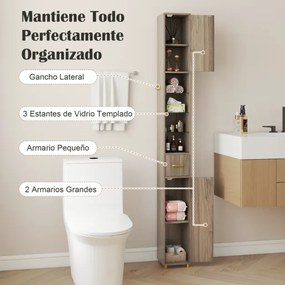 Armário de casa de banho alto de 181 cm estreito com 2 portas e prateleiras ajustáveis Faixa de luzes de 3 cores Cinzento