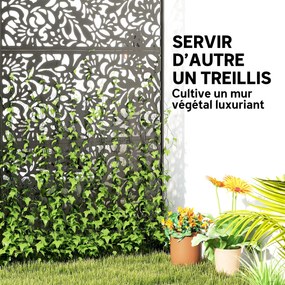 Painel decorativo de proteção visual para exterior, claustra decorativa para jardim, 3 painéis com motivo floral, em aço, 122 x 45 x 198 cm, preto