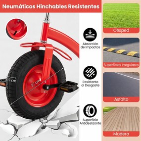 Triciclo Infantil, 117 x 55 x 68 cm, Assento e Guiador Ajustáveis, Vermelho