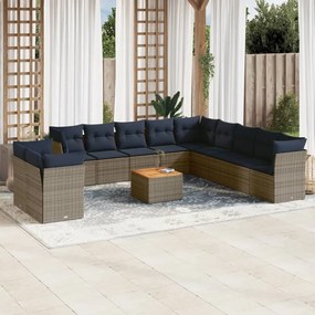vidaXL 12 pcs conjunto sofás p/ jardim c/ almofadões vime PE cinzento