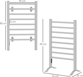 Toalheiro Elétrico de Parede ou Solo 150 W com Função de Temporizador e 8 Barras para Casa de Banho 53x35x90 cm Prata