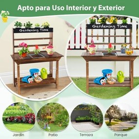 Mesa de jardim para crianças de abeto para crianças dos 3 aos 7 anos com pia amovível 4 vasos Quadro negro adicional Jardim