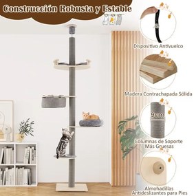 Arranhador para gatos do chão ao teto com altura ajustável de 236-271 cm com plataformas, almofadas, rede e poste para arranhar cinza.