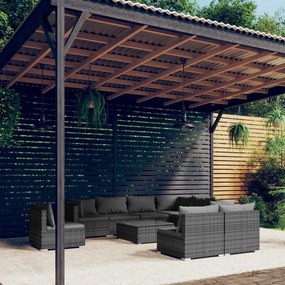 vidaXL 10 pcs conjunto lounge de jardim c/ almofadões vime PE cinzento