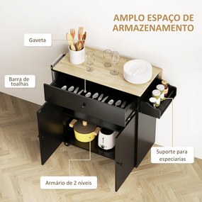 Ilha de Cozinha com Rodas com Lateral Dobrável Gaveta Suporte para Temperos e Prateleira Ajustável 106x42x87 cm Preto e Carvalho