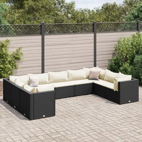 9 pcs conjunto lounge de jardim c/ almofadões vime PE preto