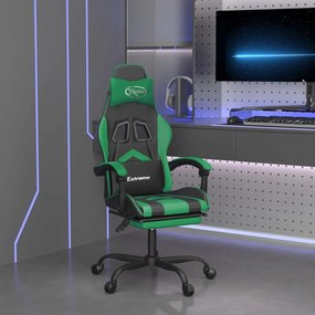 Cadeira gaming giratória c/ apoio pés couro artif. preto/verde