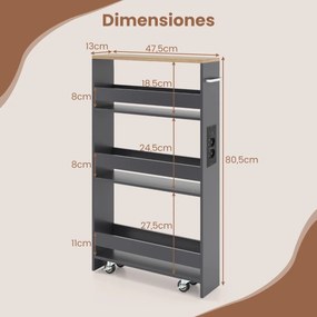 Carrinho cozinha estreito 47,5 x 13 x 80,5 cm com estação de carregamento de 4 níveis com rodas bloqueáveis Cinzento + Natural