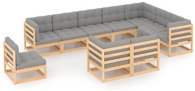 10 pcs conjunto lounge de jardim c/ almofadões pinho maciço
