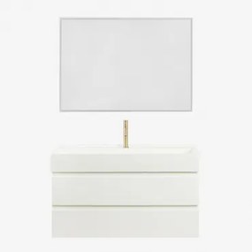 Conjunto De Móvel De Casa De Banho Suspenso Em Madeira E Folha De Freixo Com Lavatório Integrado Ona Branco & Led Retangular - Sklum