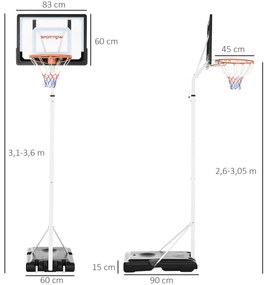 Cesta de Basquetebol com Rodas Altura Ajustável 260-305cm Cesta de Basquetebol Portátil com Tabela de PVC e Base para Exteriores 90x83x310-360cm Branc