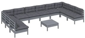 11pcs conjunto lounge de jardim + almofadões pinho maciço cinza