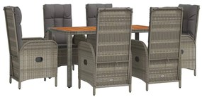 7 pcs conjunto de jantar p/ jardim c/ almofadões vime PE cinza