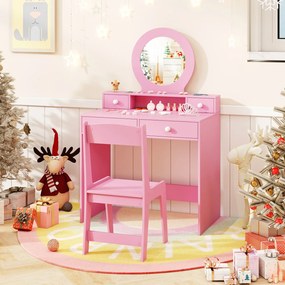 Conjunto de Toucador Infantil de Princesa com Cadeira, 70 x 40 x 110 cm, Espelho Inquebrável, Rosa